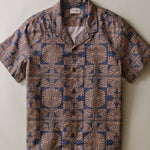 Marine Layer Pablo Tencel Linen Resort Shirt in Brown/Navy Geo Fan Print
