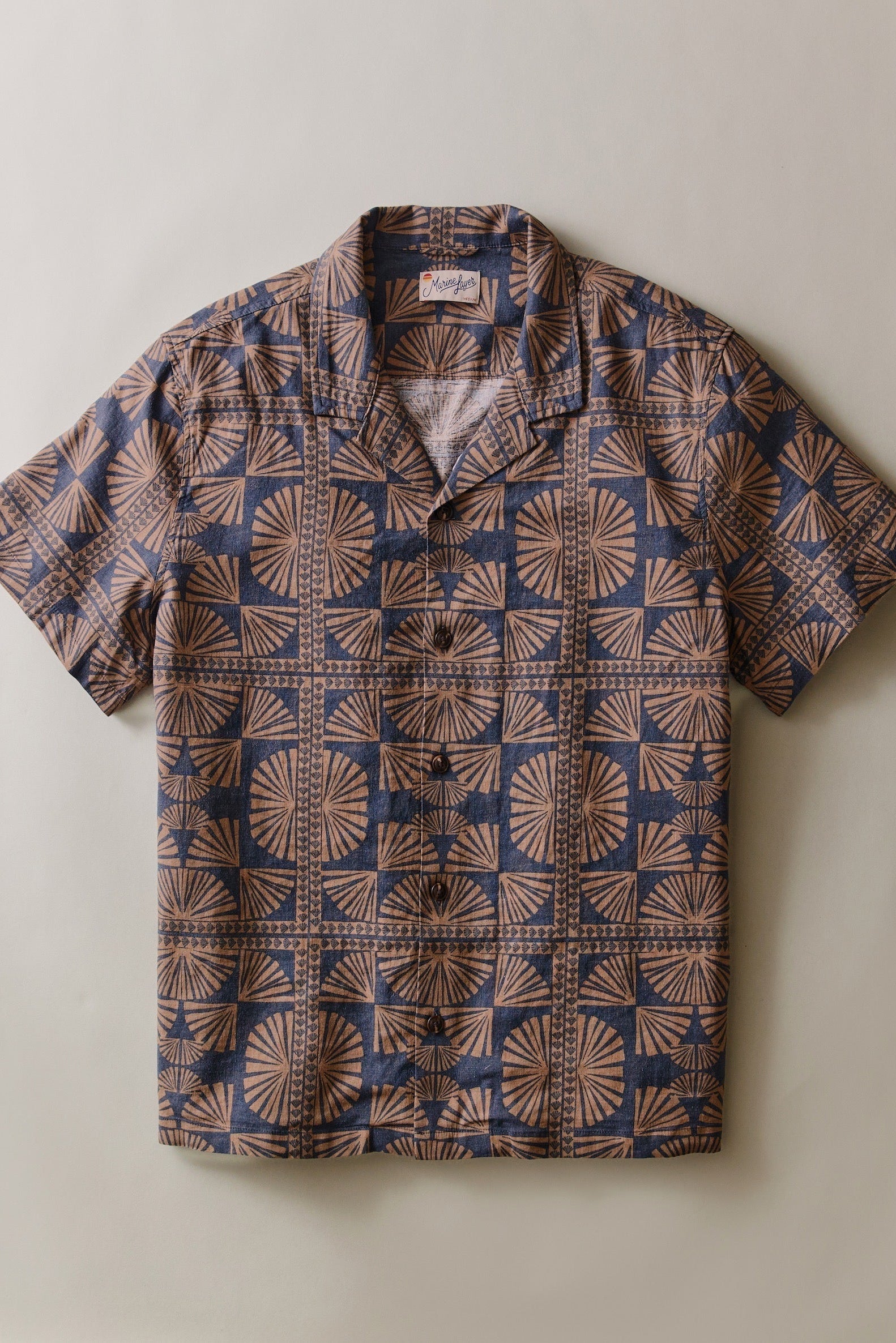 Marine Layer Pablo Tencel Linen Resort Shirt in Brown/Navy Geo Fan Print