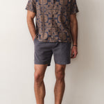 Marine Layer Pablo Tencel Linen Resort Shirt in Brown/Navy Geo Fan Print