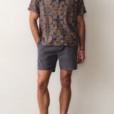 Marine Layer Pablo Tencel Linen Resort Shirt in Brown/Navy Geo Fan Print