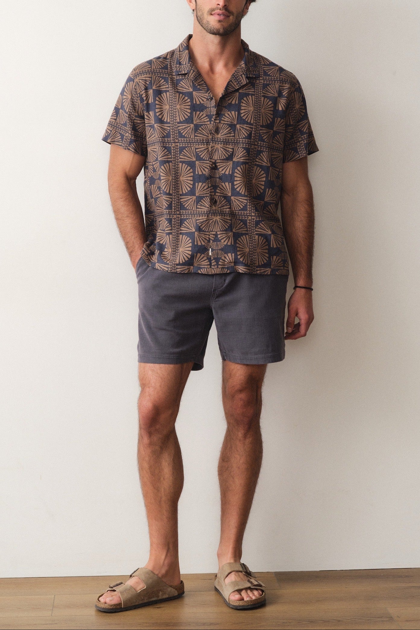 Marine Layer Pablo Tencel Linen Resort Shirt in Brown/Navy Geo Fan Print