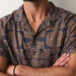 Marine Layer Pablo Tencel Linen Resort Shirt in Brown/Navy Geo Fan Print