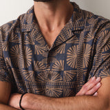 Marine Layer Pablo Tencel Linen Resort Shirt in Brown/Navy Geo Fan Print
