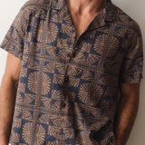 Marine Layer Pablo Tencel Linen Resort Shirt in Brown/Navy Geo Fan Print