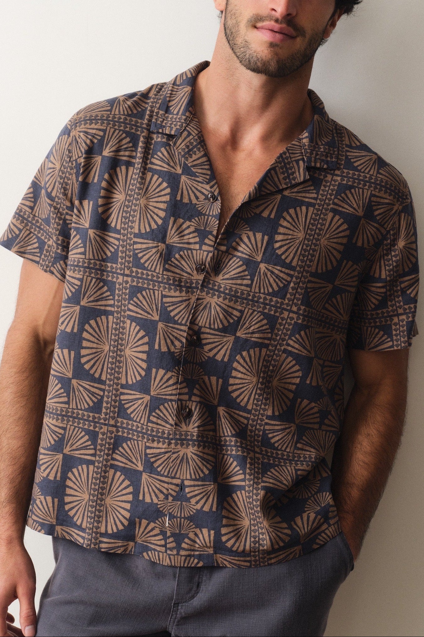 Marine Layer Pablo Tencel Linen Resort Shirt in Brown/Navy Geo Fan Print