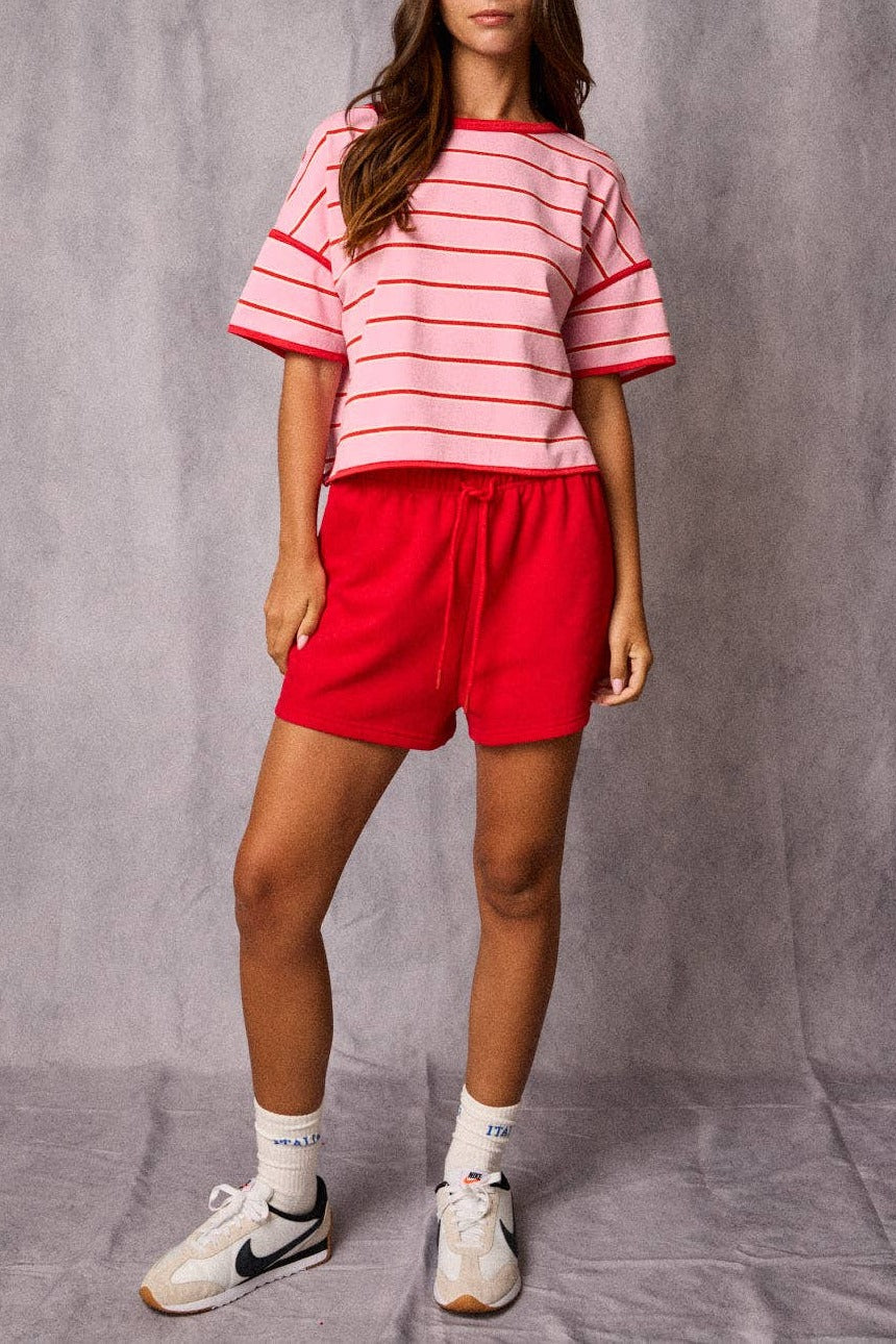 Striped Cropped Knit Top in pink and red