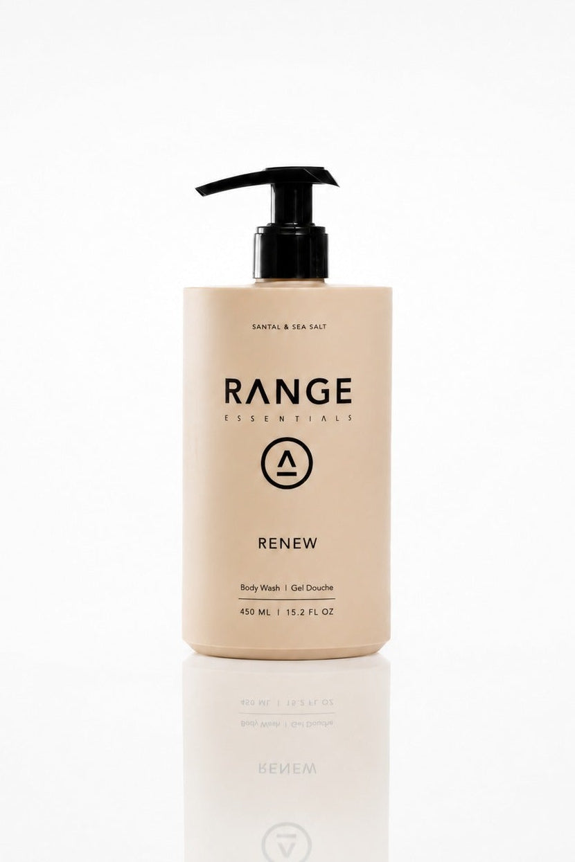 Bottle of Range Renew body wash on a white background