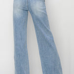 Light blue denim jeans on a white background