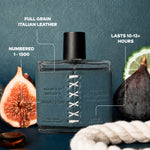 Guy Fox Riviera bottle detail: full grain Italian leather wrap, numbered 1 to 1500, lasts 10 to 12 hours