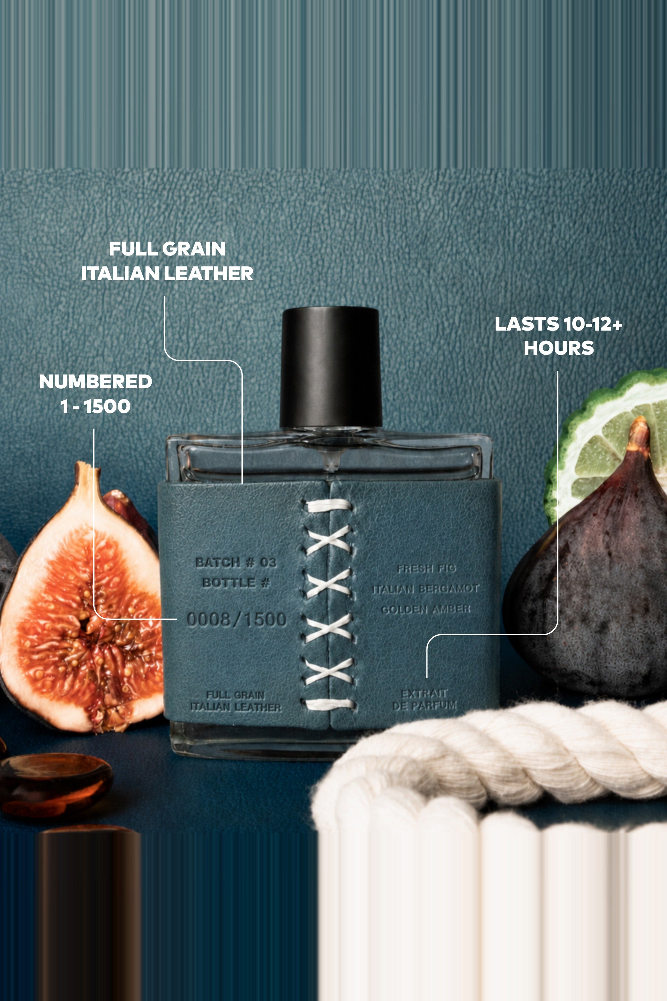 Guy Fox Riviera bottle detail: full grain Italian leather wrap, numbered 1 to 1500, lasts 10 to 12 hours
