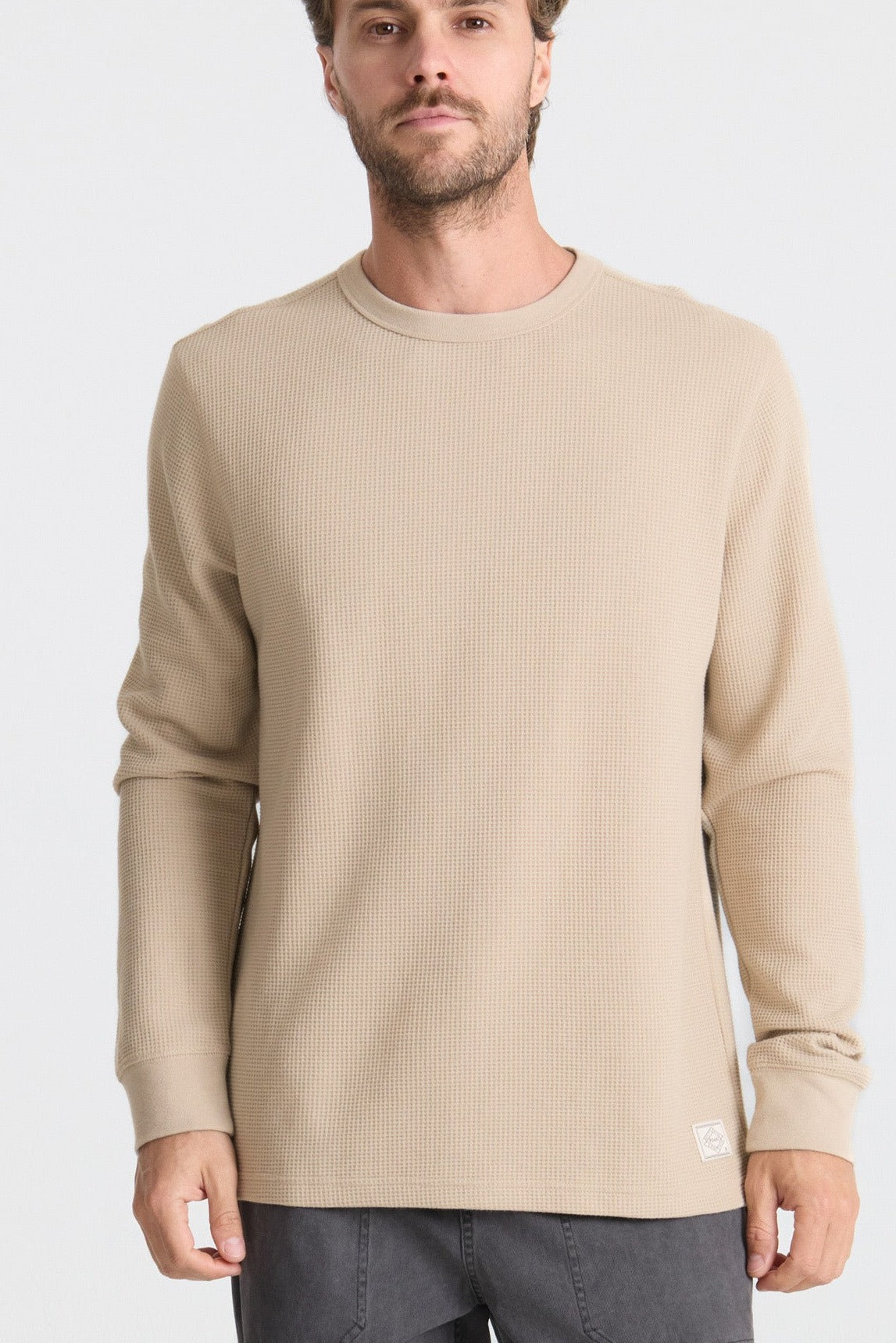 Roark Well Worn Thermal Long Sleeve Tee in Fossil worn by model - front