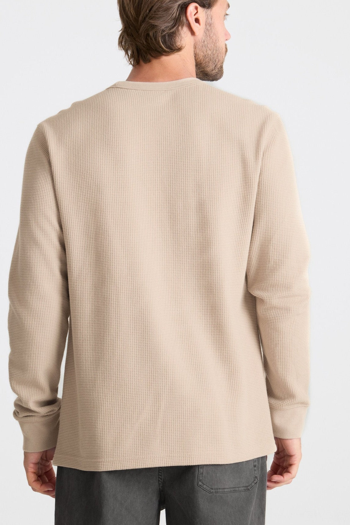 Roark Well Worn Thermal Long Sleeve Tee in Fossil worn by model - back