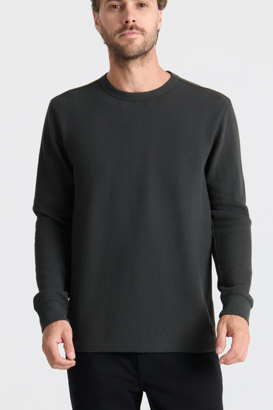 Roark Well Worn Thermal Long Sleeve Tee in Onyx worn by model - front