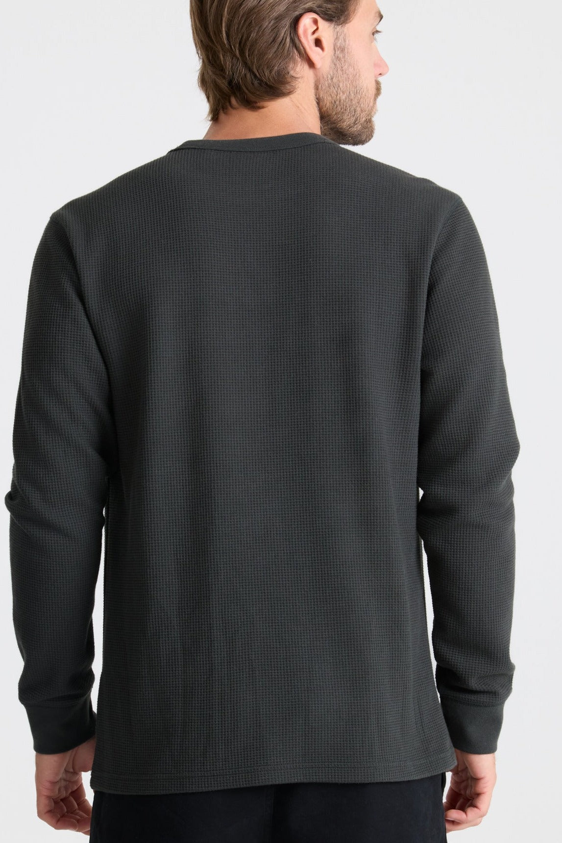 Roark Well Worn Thermal Long Sleeve Tee in Onyx worn by model - back