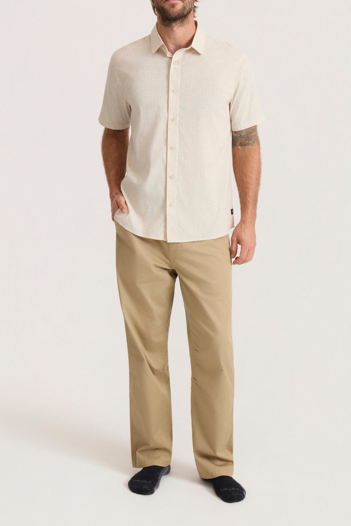 Roark Bless Up Breathable Stretch Shirt in Sand worn by model - front