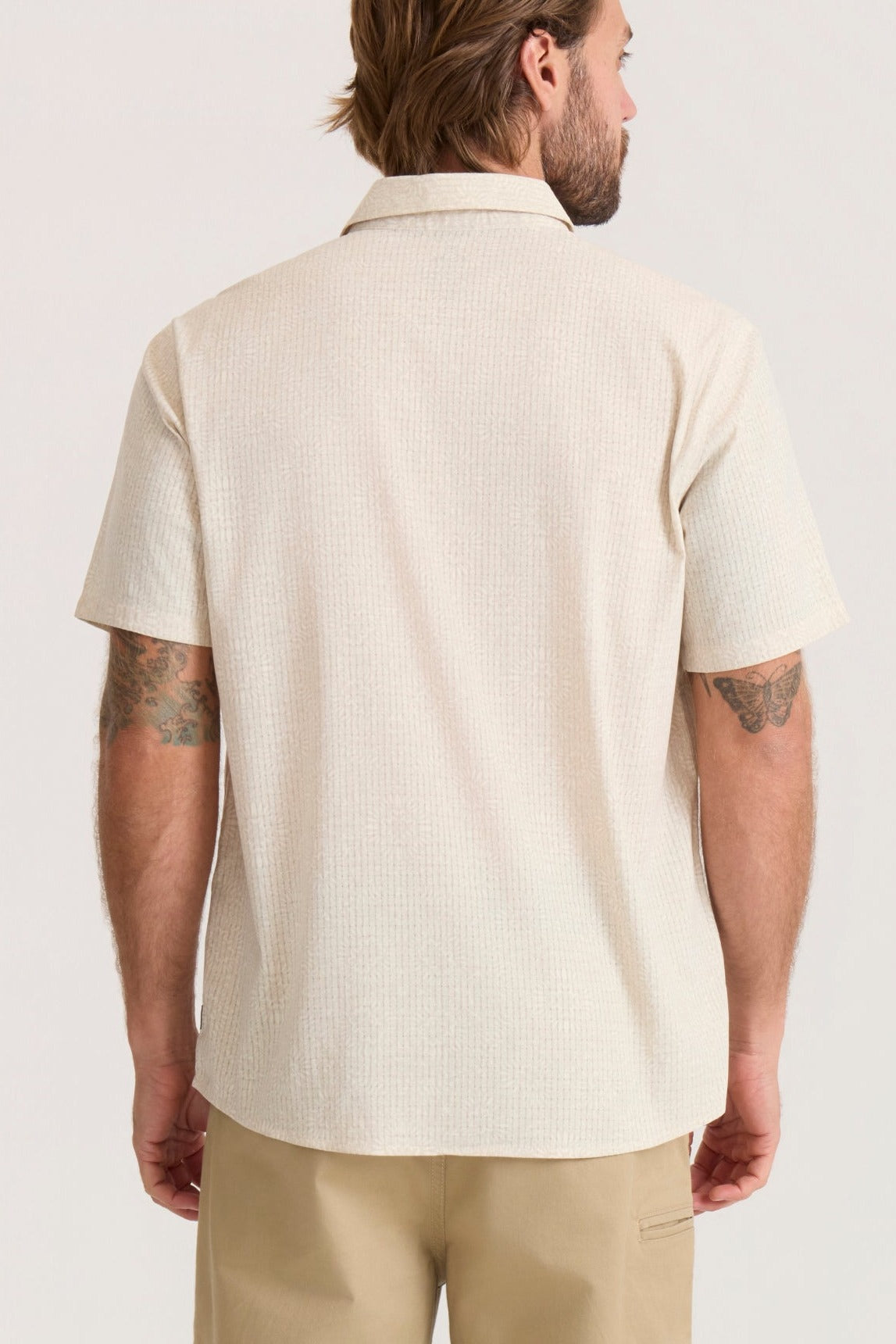Roark Bless Up Breathable Stretch Shirt in Sand worn by model - back