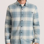 Roark Crossroads Organic Cotton Flannel in Hazy Blue worn by model - front