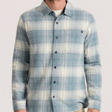 Roark Crossroads Organic Cotton Flannel in Hazy Blue worn by model - front