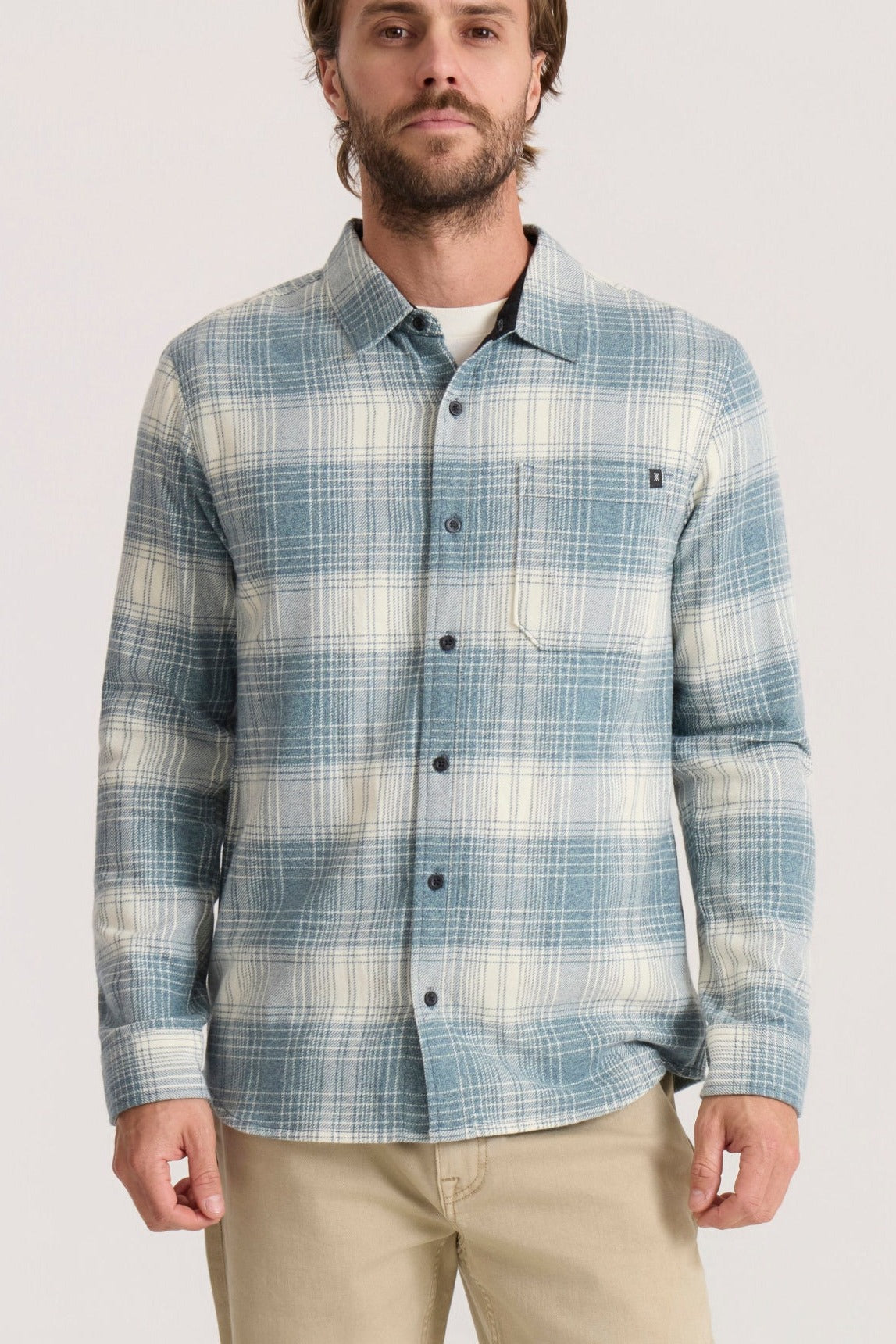 Roark Crossroads Organic Cotton Flannel in Hazy Blue worn by model - front