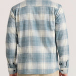Roark Crossroads Organic Cotton Flannel in Hazy Blue worn by model - back
