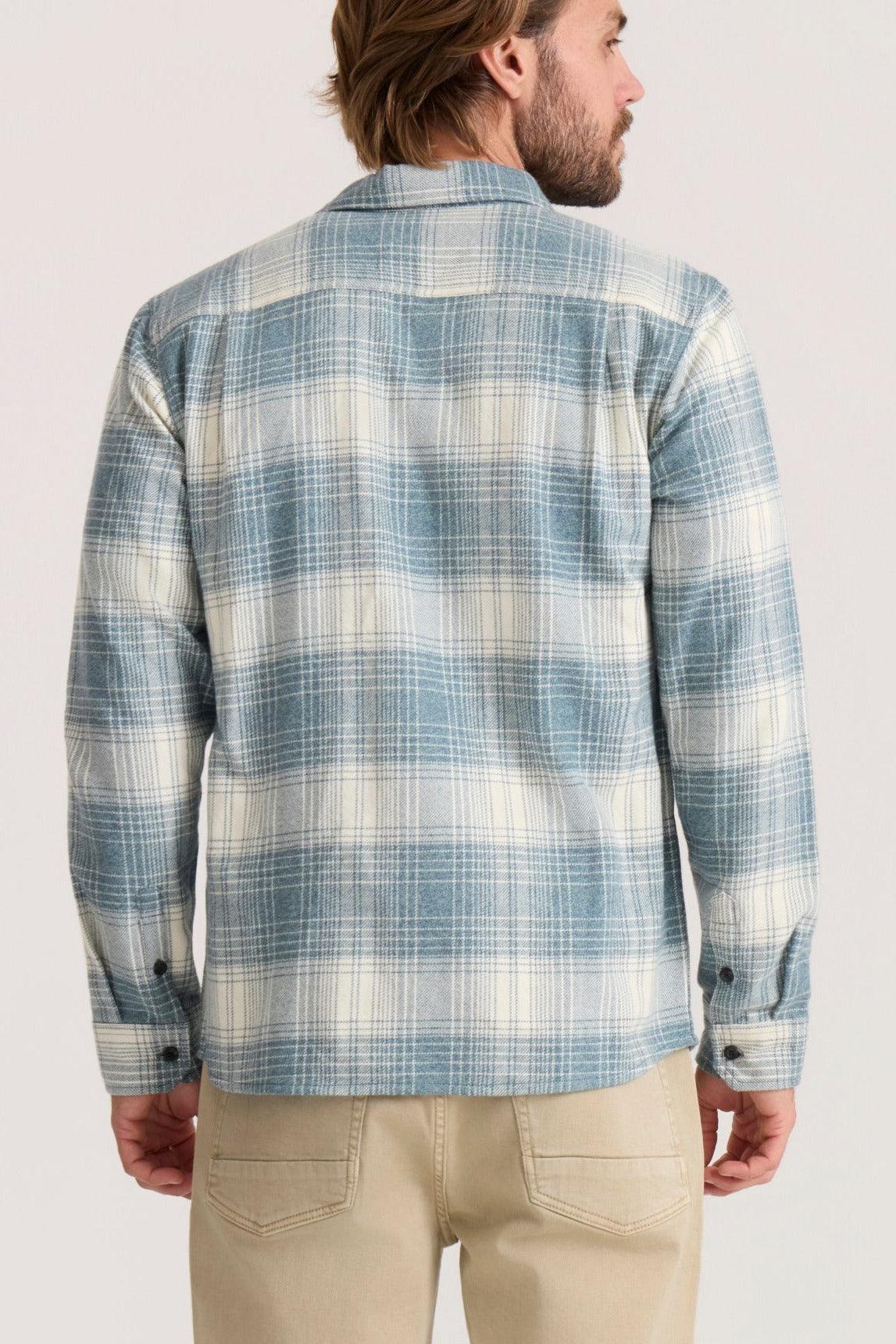 Roark Crossroads Organic Cotton Flannel in Hazy Blue worn by model - back