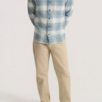 Roark Crossroads Organic Cotton Flannel in Hazy Blue worn by model - side