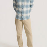 Roark Crossroads Organic Cotton Flannel in Hazy Blue worn by model - side