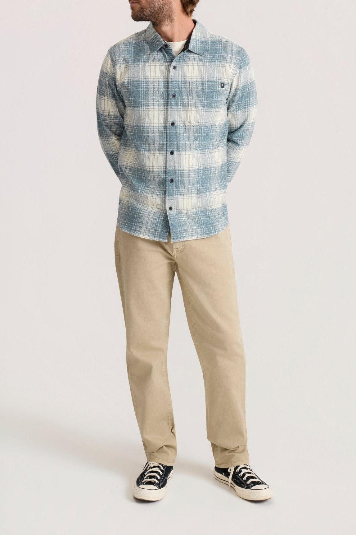 Roark Crossroads Organic Cotton Flannel in Hazy Blue worn by model - side