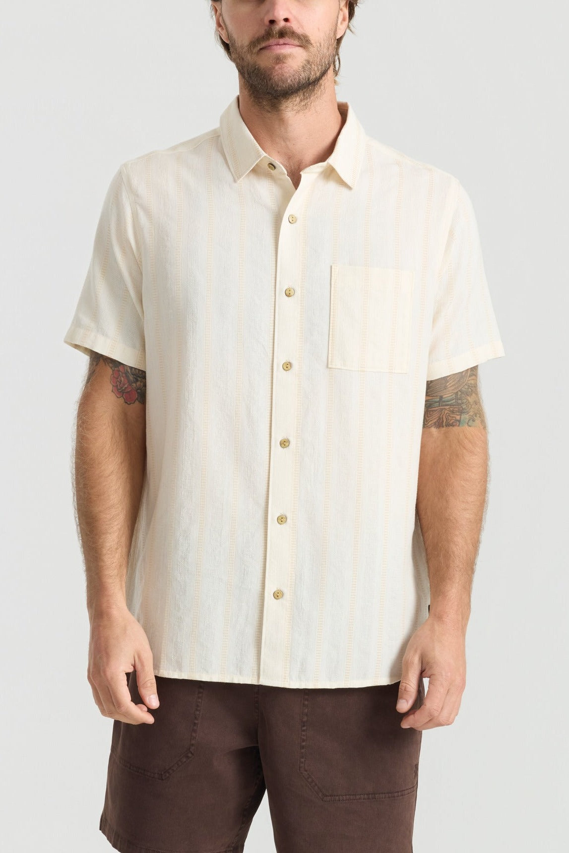 Roark Crosswinds Button Up Shirt in Unbleached worn by model - front