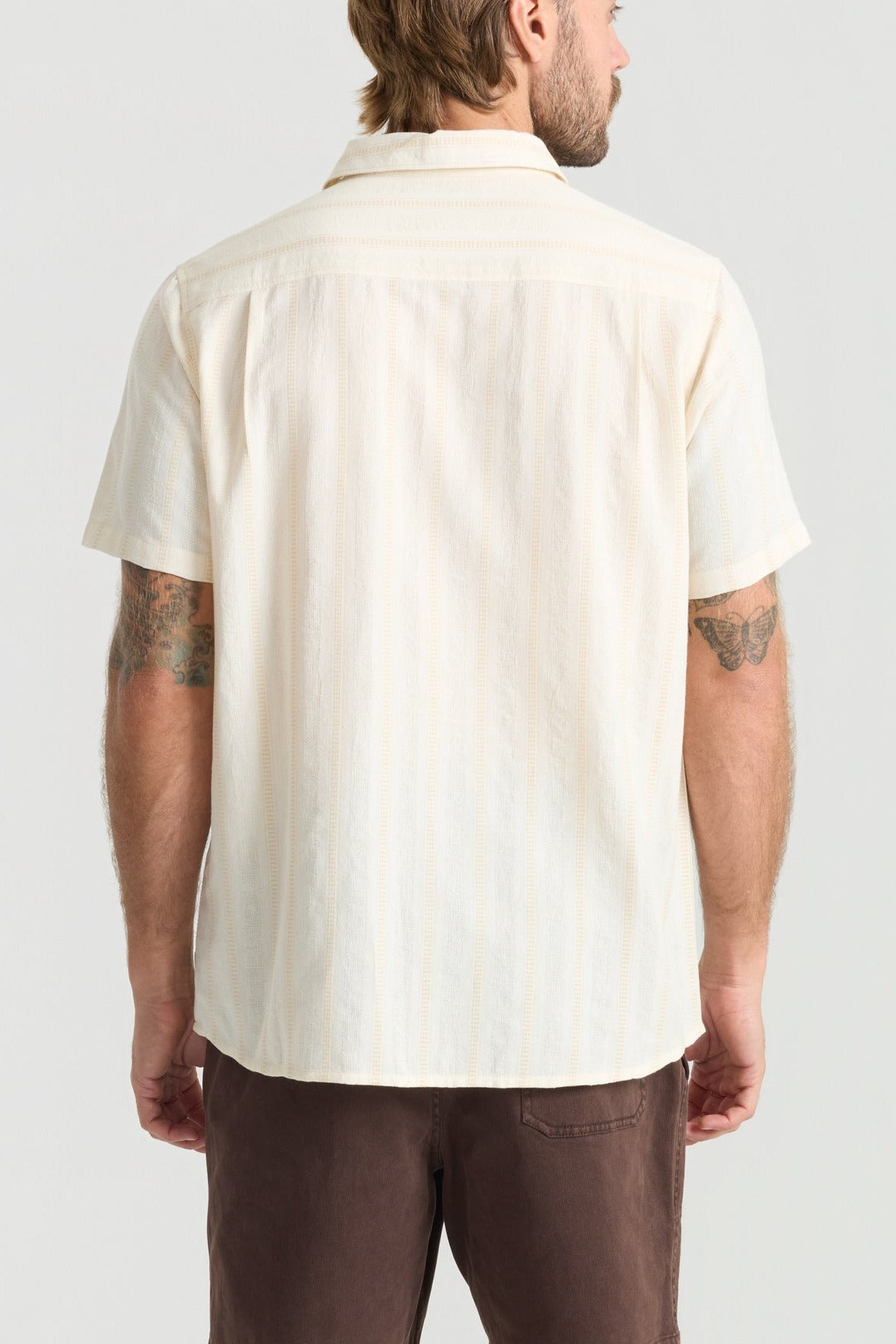 Roark Crosswinds Button Up Shirt in Unbleached worn by model - back