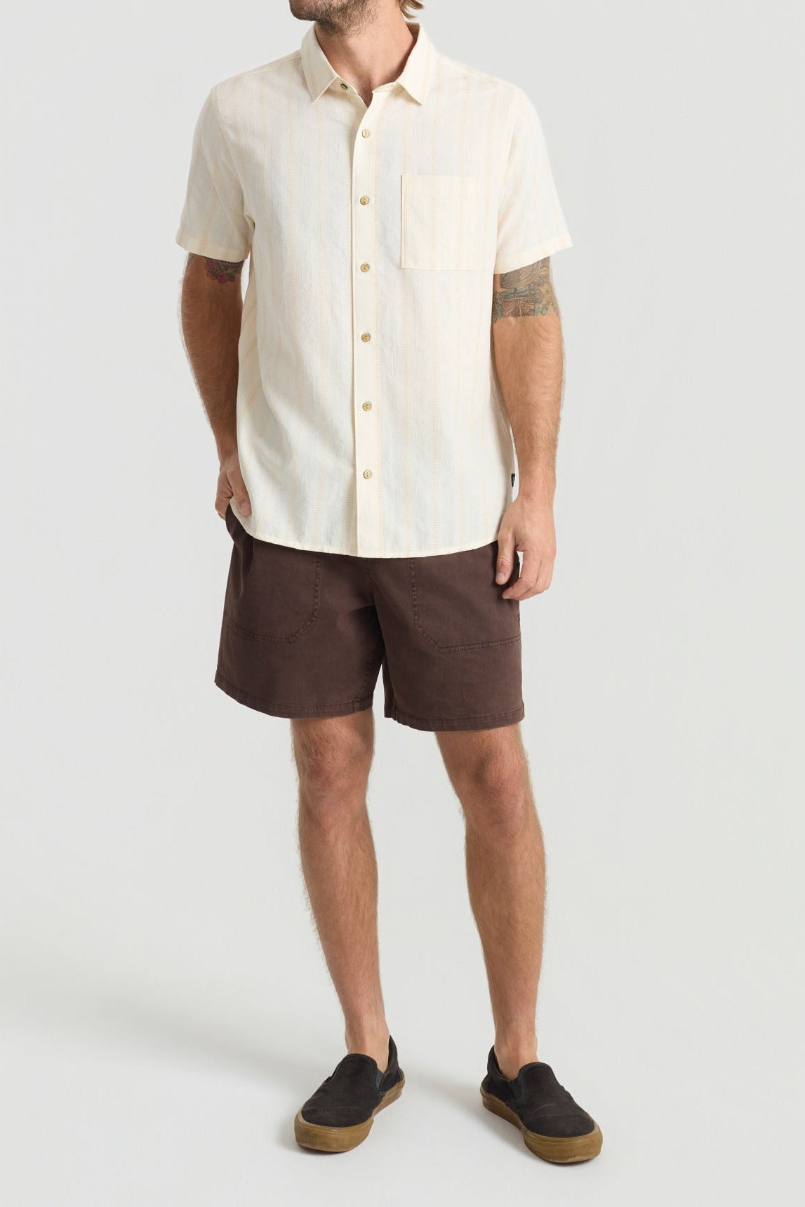 Roark Crosswinds Button Up Shirt in Unbleached worn by model - side