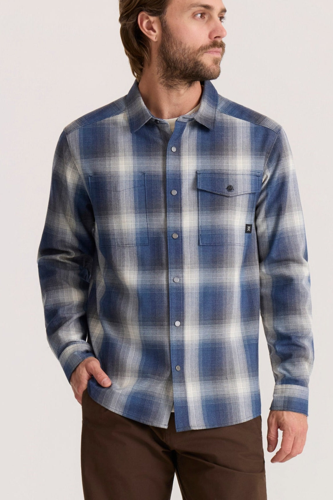 Roark Diablo Long Sleeve Flannel in Slate worn by model - front