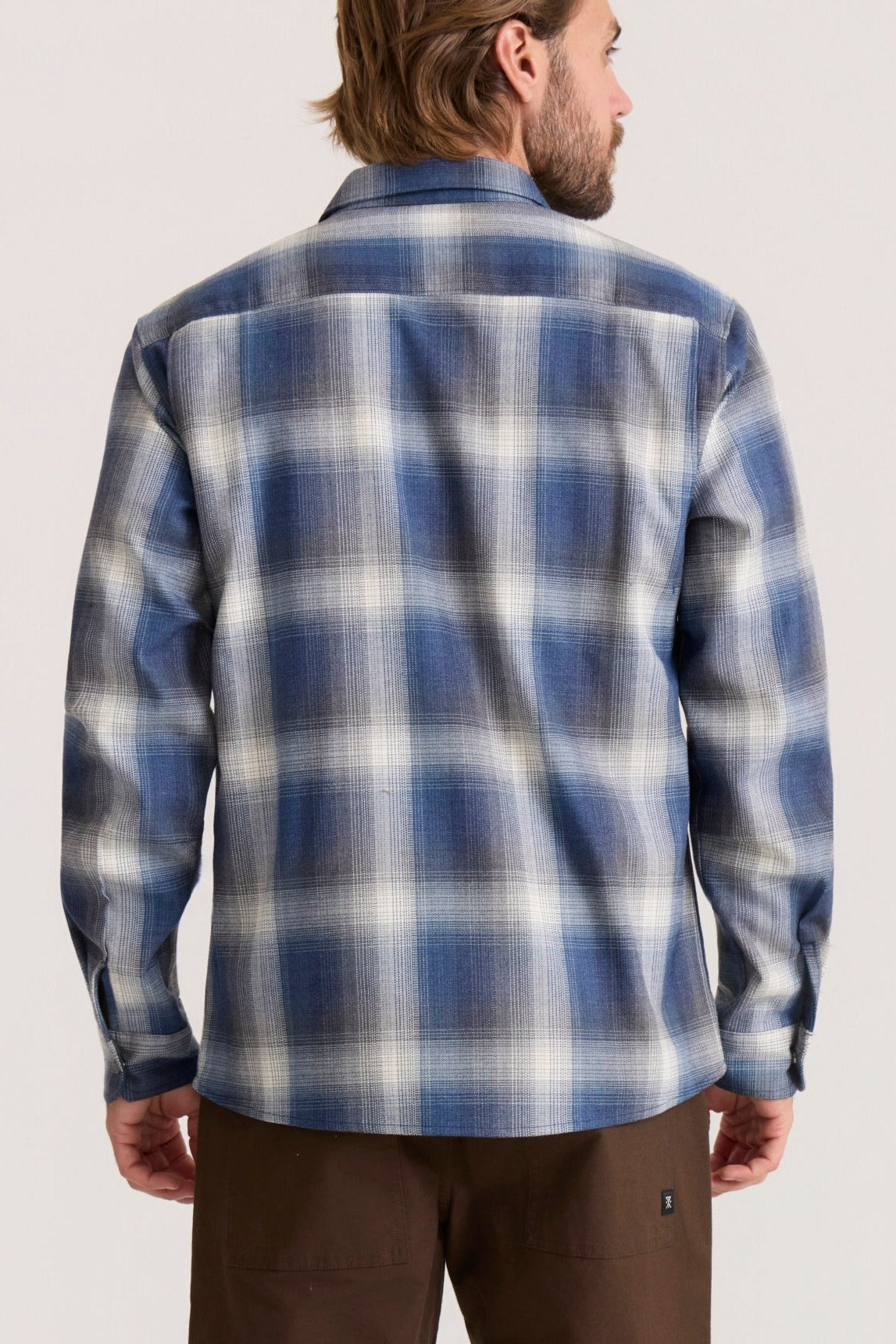 Roark Diablo Long Sleeve Flannel in Slate worn by model - back