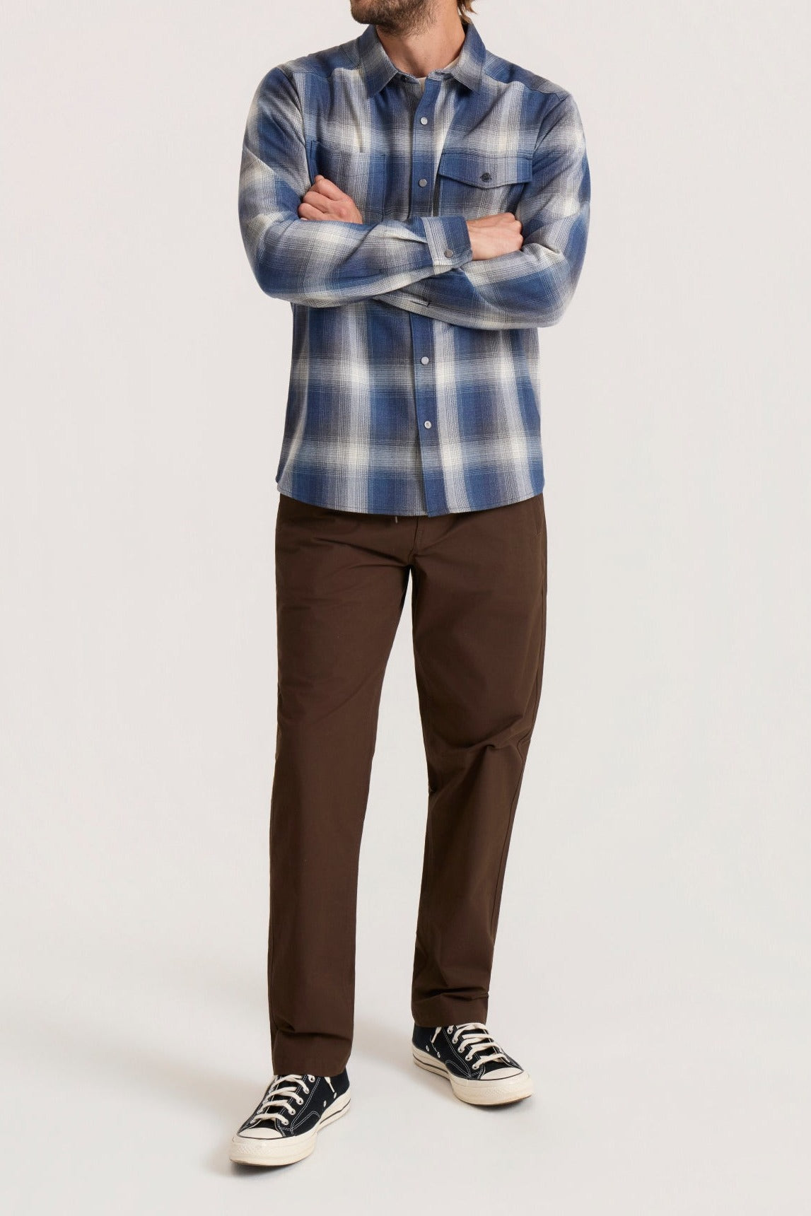 Roark Diablo Long Sleeve Flannel in Slate worn by model - side