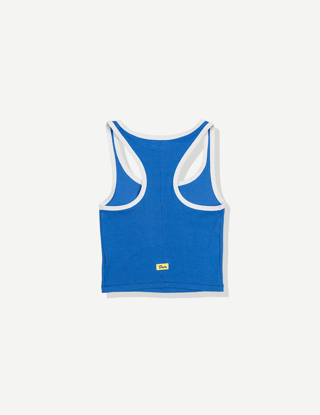 Blue and white racerback tank top with Duvin brand label on clean background