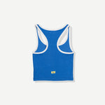 Blue and white racerback tank top with Duvin brand label on clean background