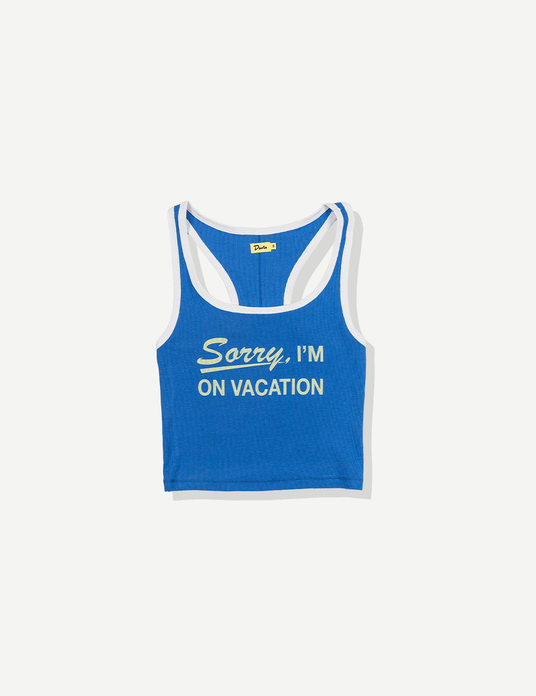 Blue ribbed tank top with white trim displaying 'Sorry, I'm On Vacation' text