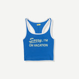 Blue ribbed tank top with white trim displaying 'Sorry, I'm On Vacation' text
