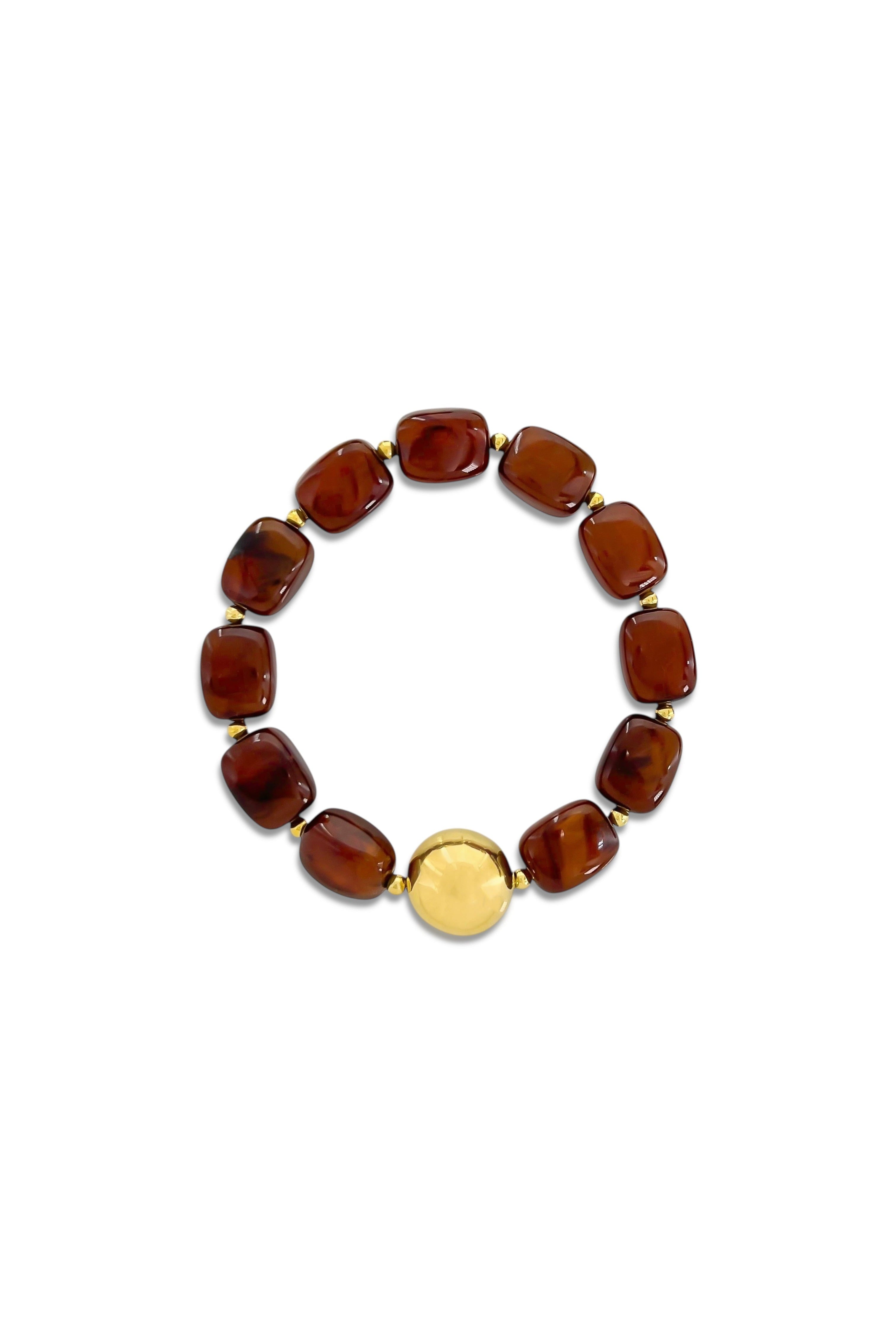 Cherry amber resin bead stretch bracelet with gold plated accent bead