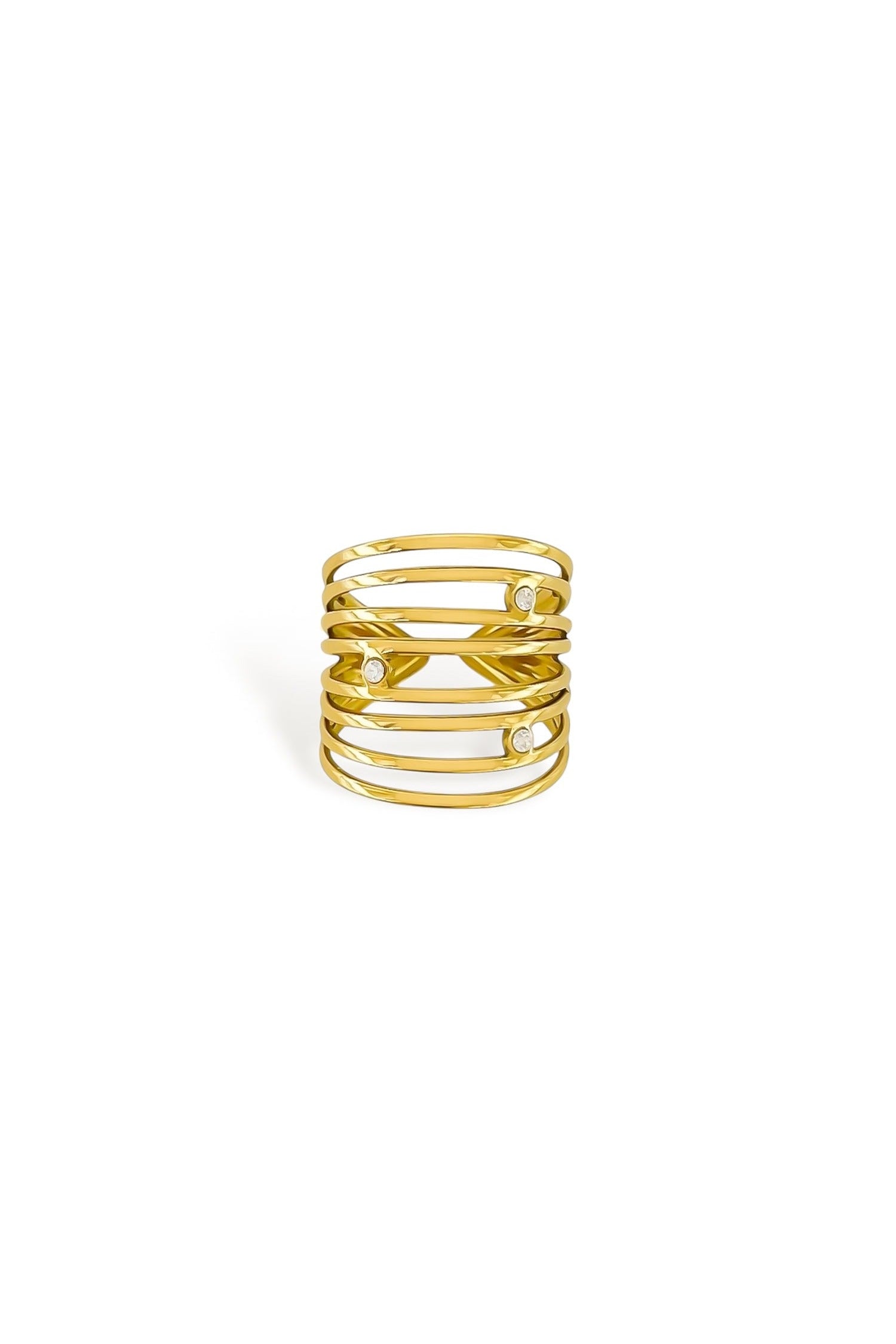 Eight layer stacked ring with cubic zirconia studs in gold