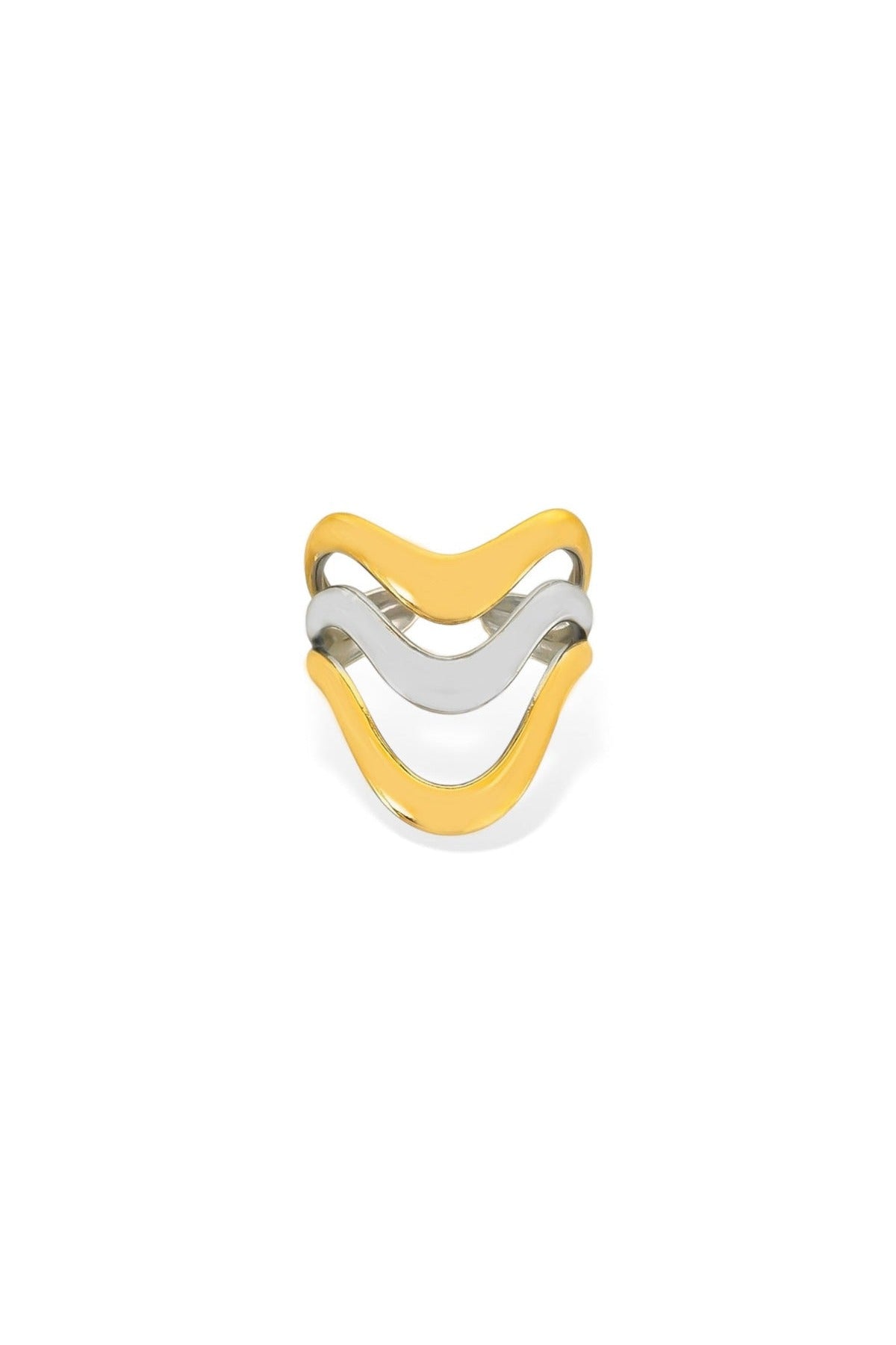 Two tone triple wave ring in gold and silver