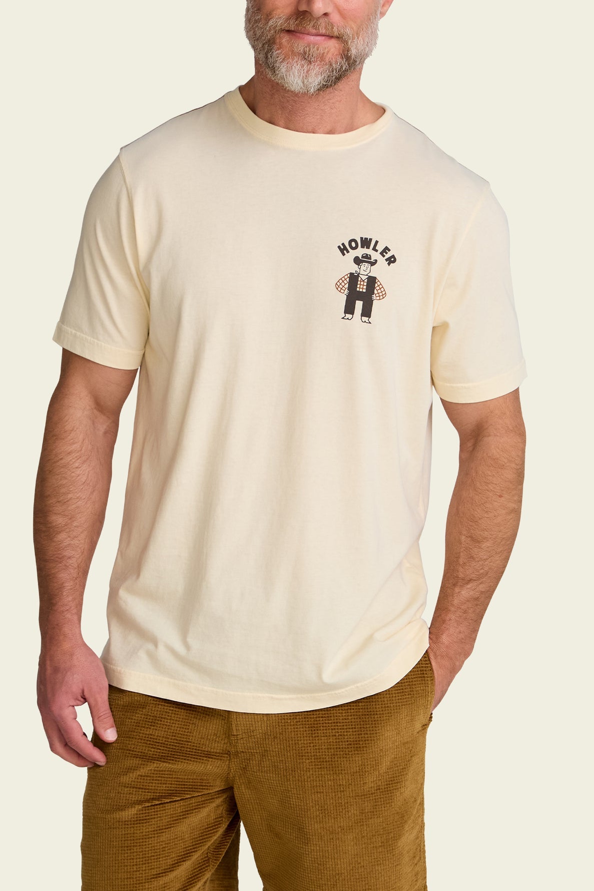 Howler Bros Howler Western Wear Cotton T-Shirt Natural on model, front