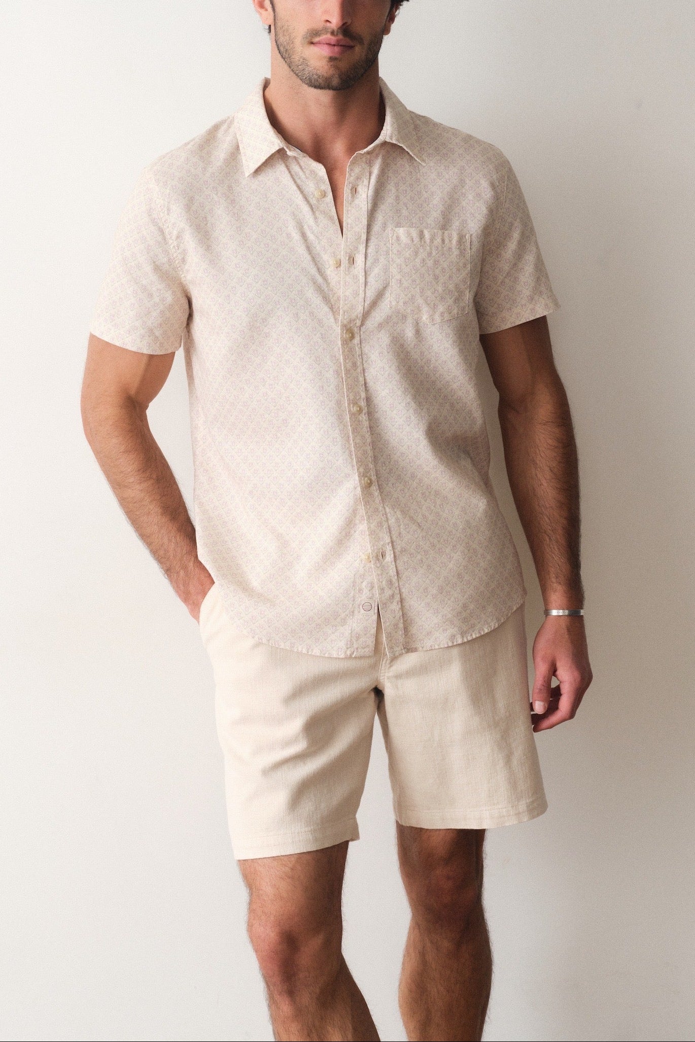 Marine Layer Better-Than-Linen Shirt in Cream Diamond Print
