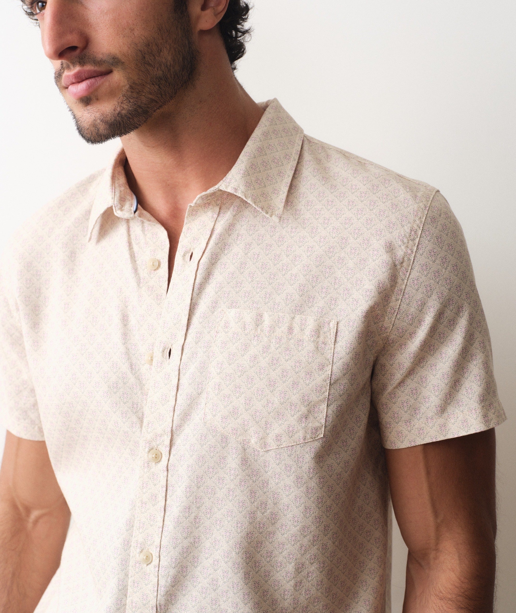Marine Layer Better-Than-Linen Shirt in Cream Diamond Print