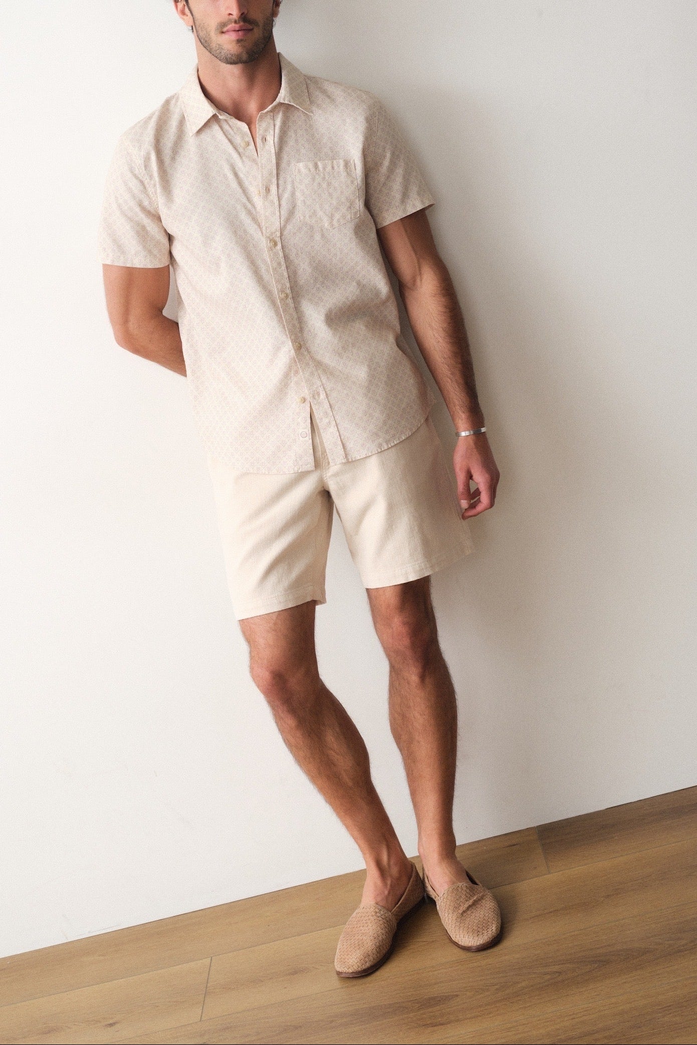 Marine Layer Better-Than-Linen Shirt in Cream Diamond Print
