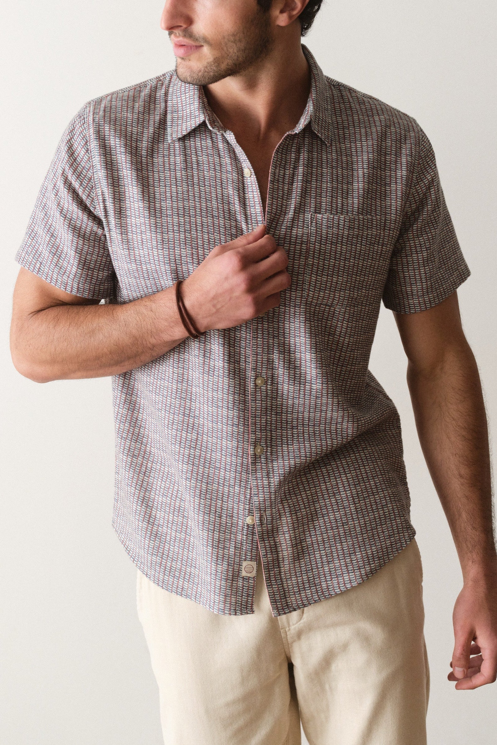 Marine Layer Classic Stretch Selvage Shirt in Green Matchstick Print