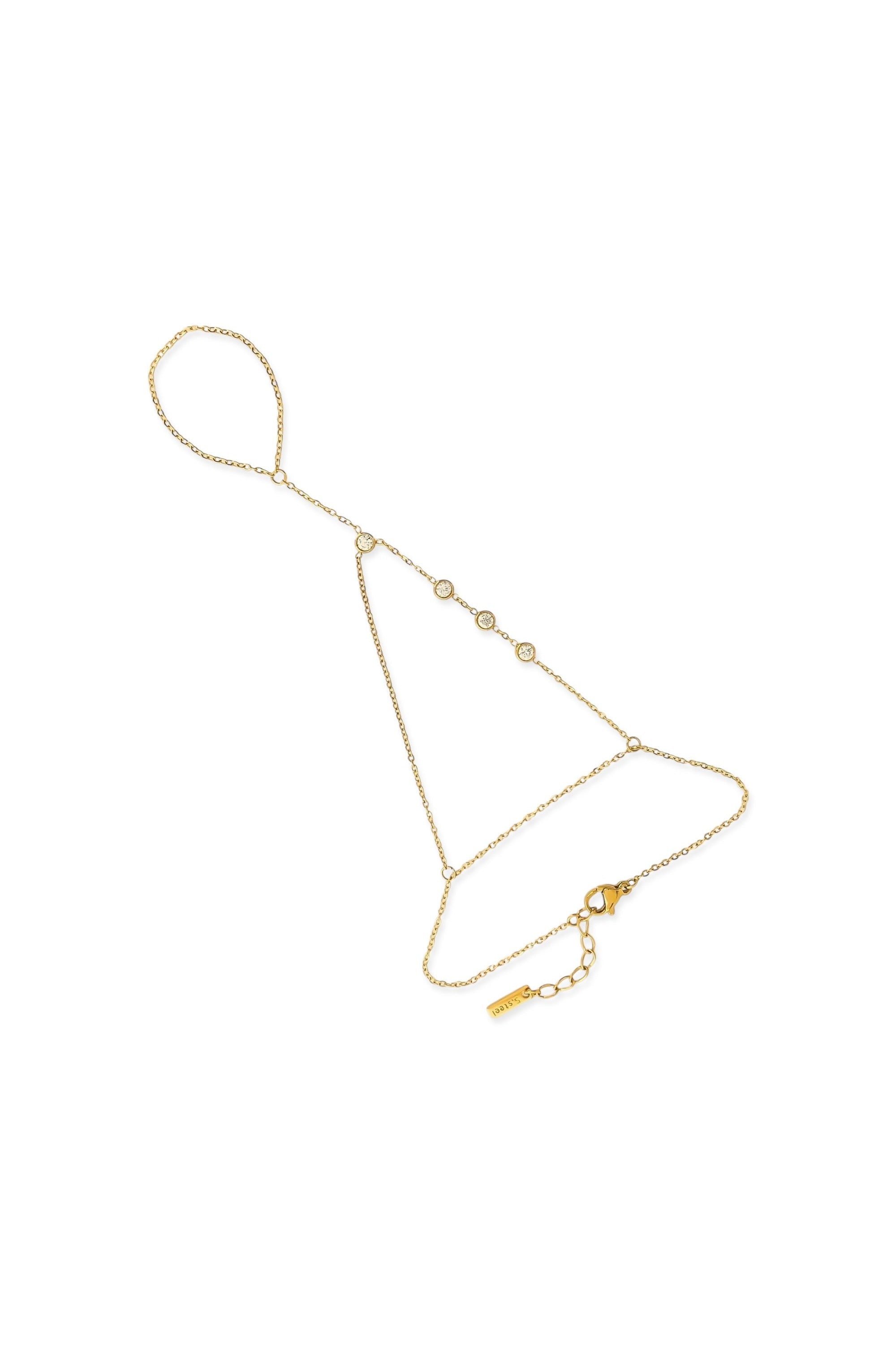 Gold hand chain with four cubic zirconia stations