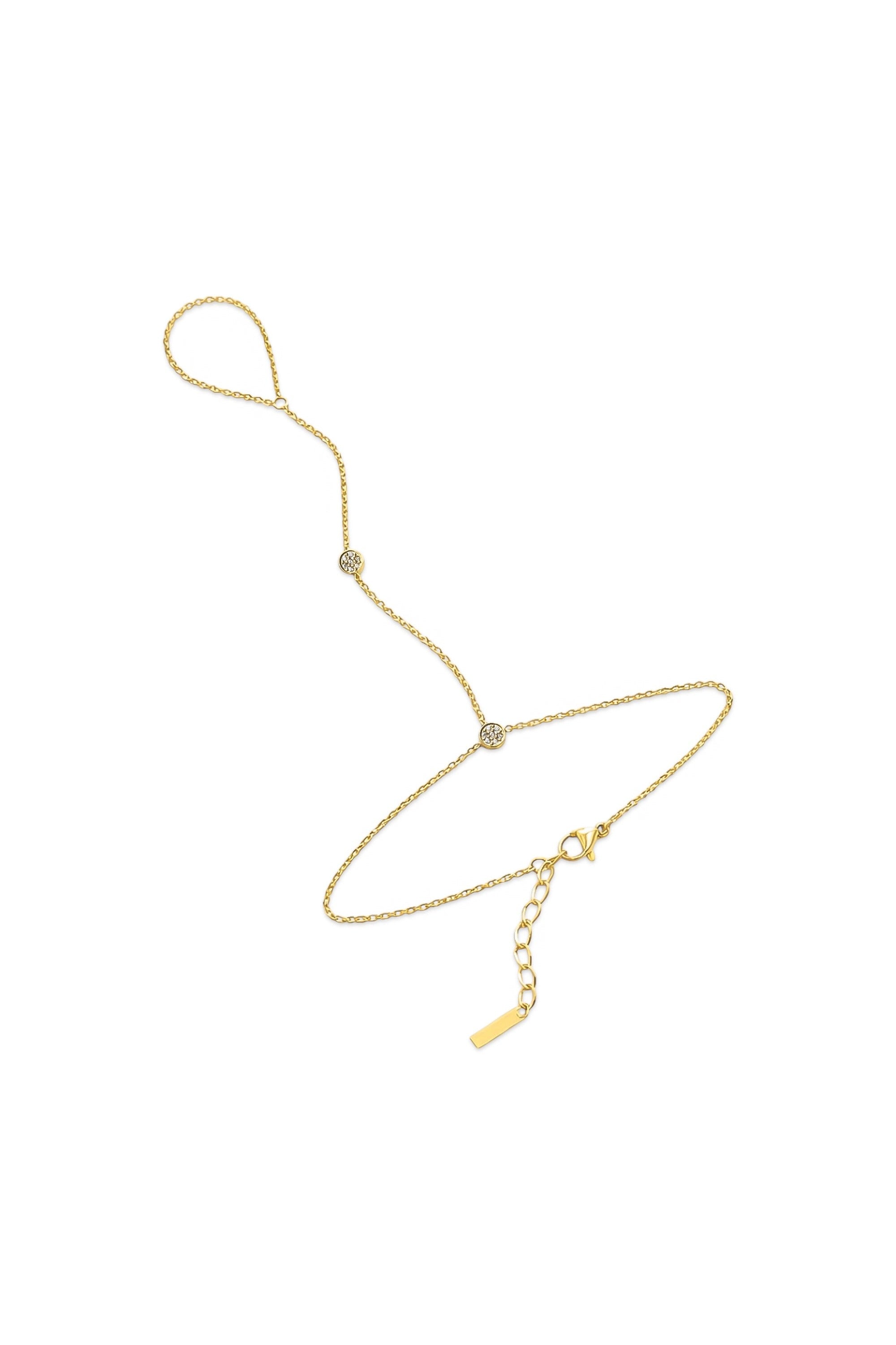 Dainty gold hand chain with two cubic zirconia stations