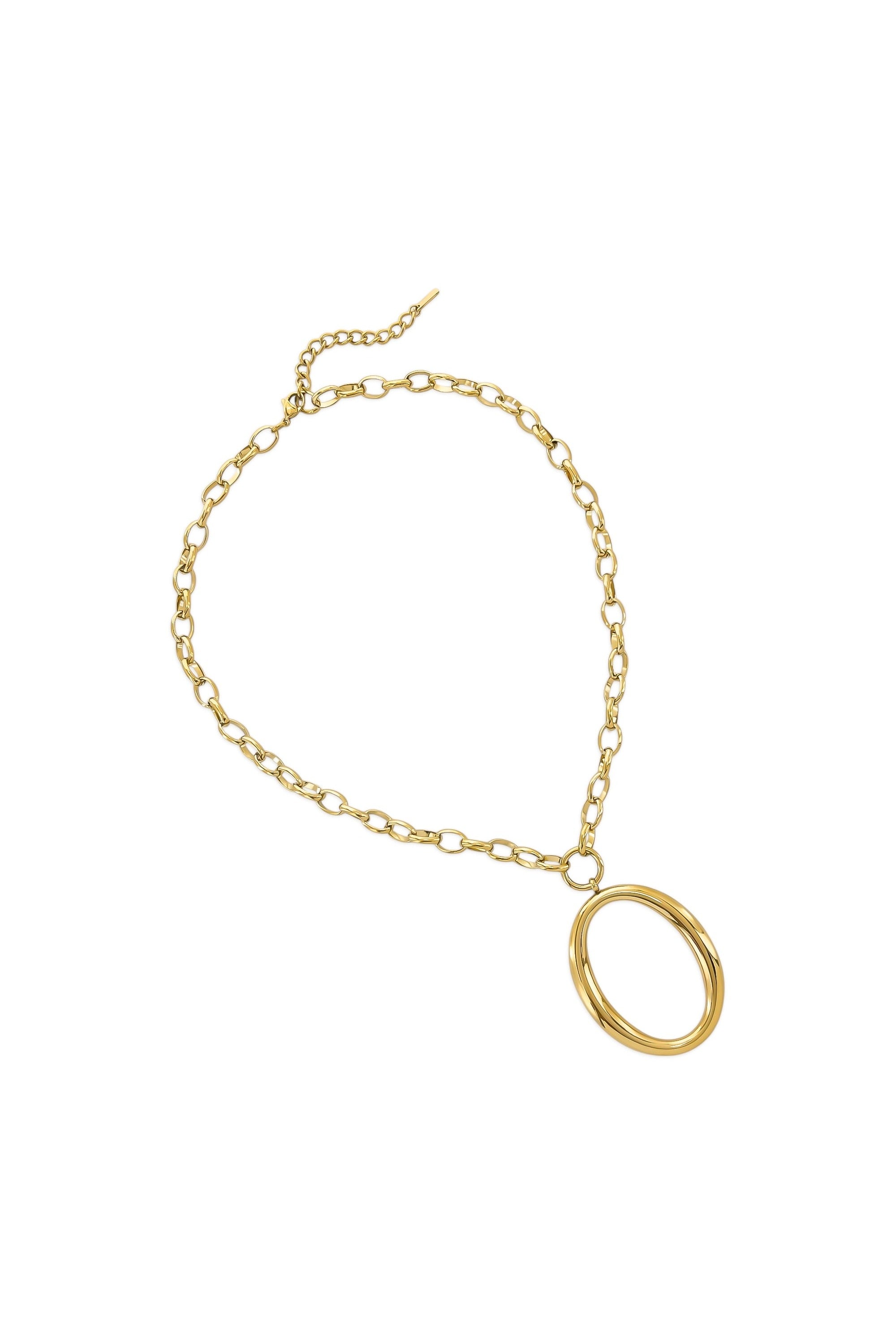 Gold oval link chain necklace with large open oval pendant