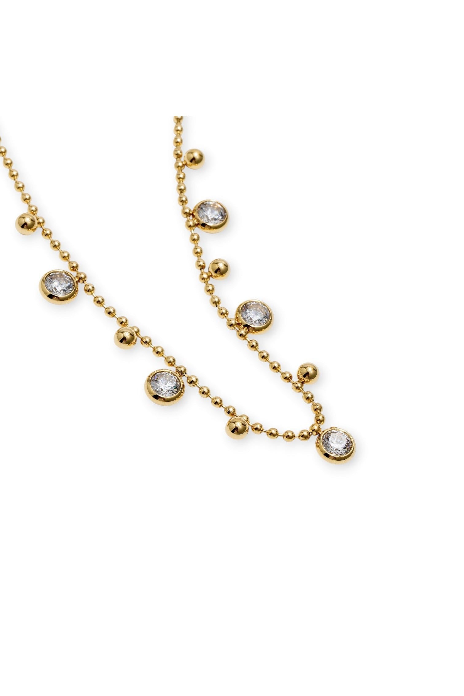 Gold beaded ball chain necklace with cubic zirconia